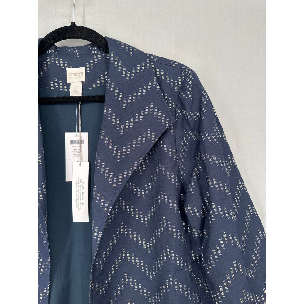 Chicos Jacket Womens Medium Navy Blue Gold Pockets Office Classic Chevron - Picture 6 of 11